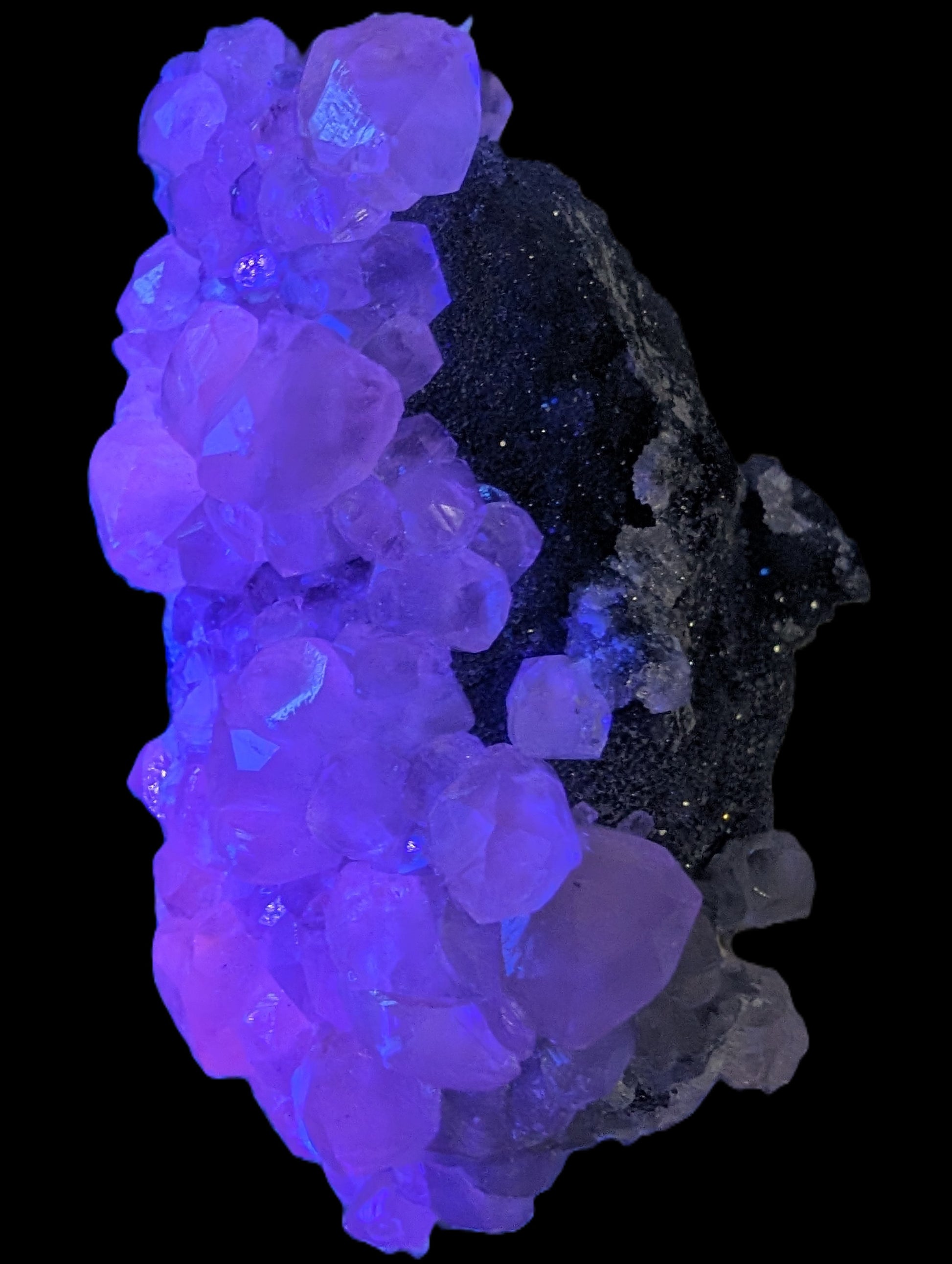 Sparkly Calcite fluorescent cluster 311.2g in UV light