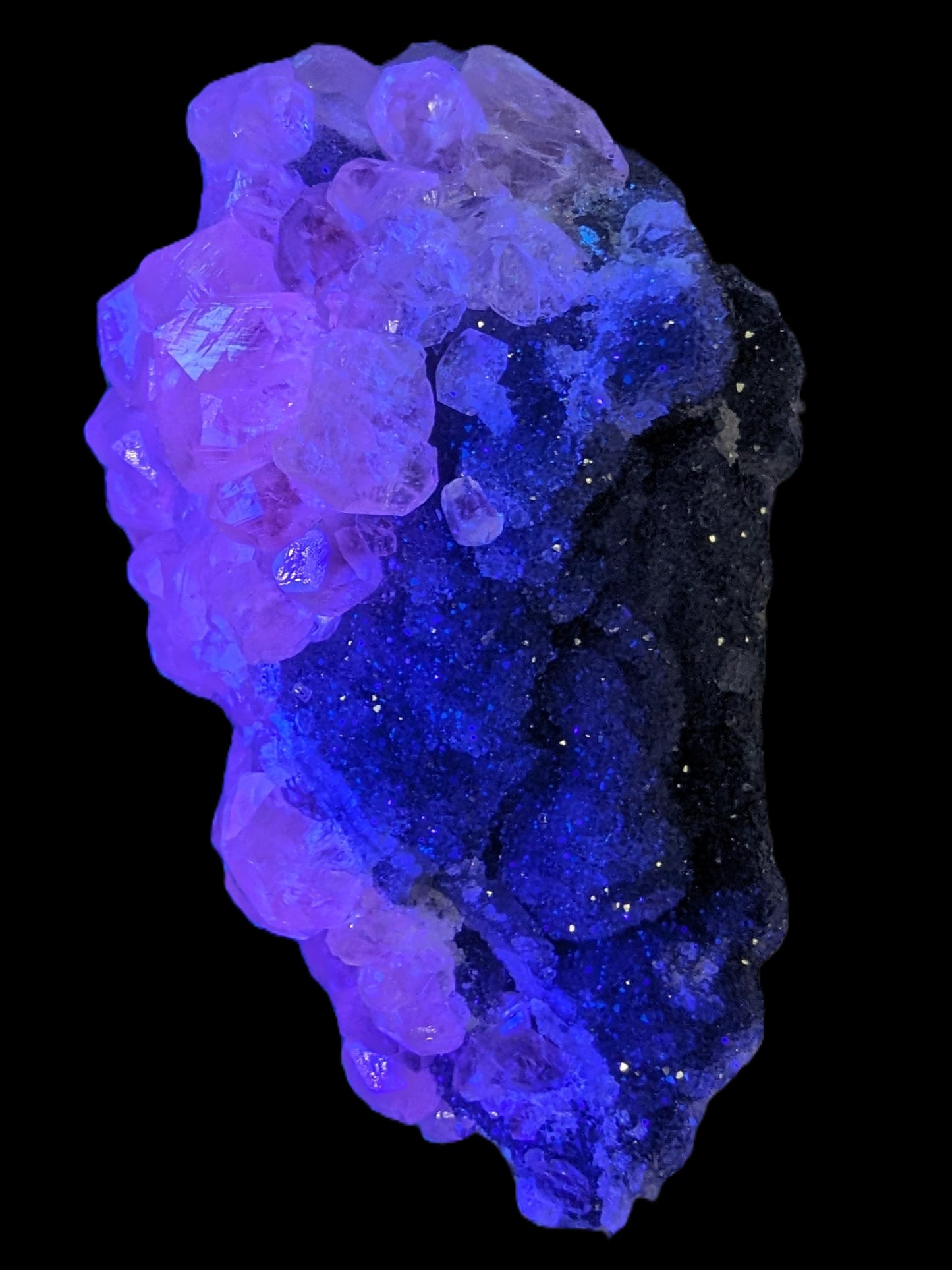 Sparkly Calcite fluorescent cluster 311.2g in UV light