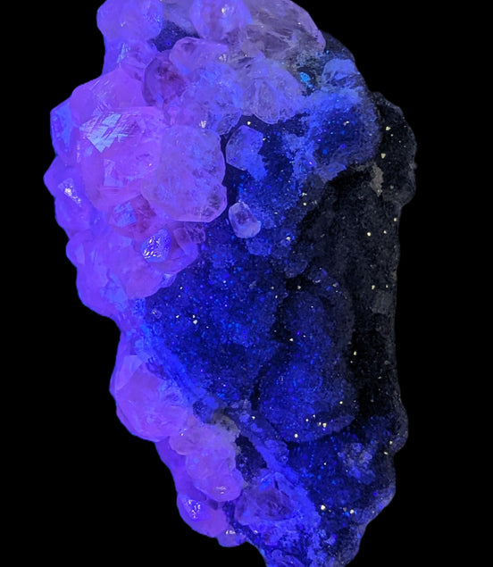 Sparkly Calcite fluorescent cluster 311.2g in UV light