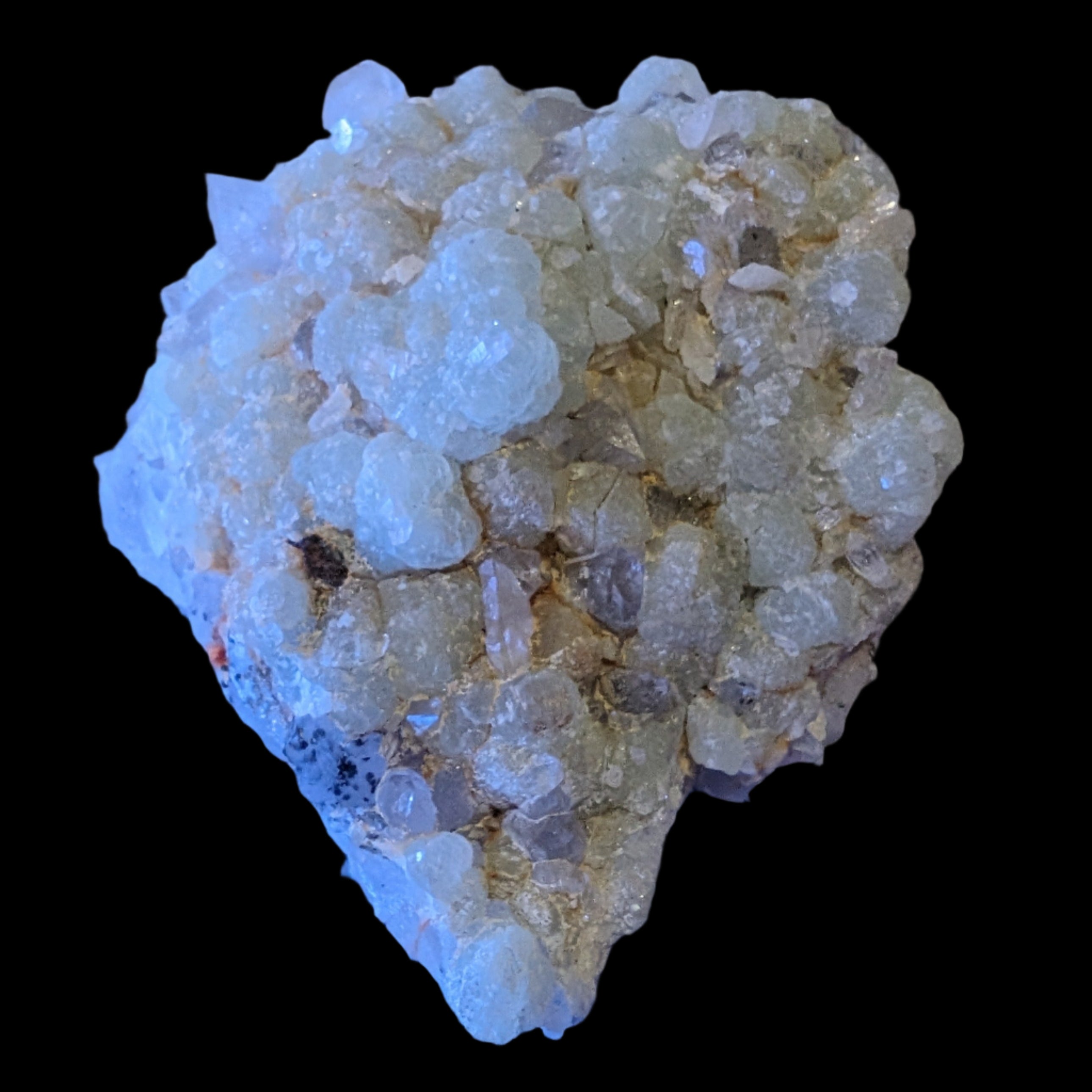 Green Prehnite with Quartz complex natural crystal cluster specimen from Guizhou, China 203g in LED & UV light -  Rocks and Things Store