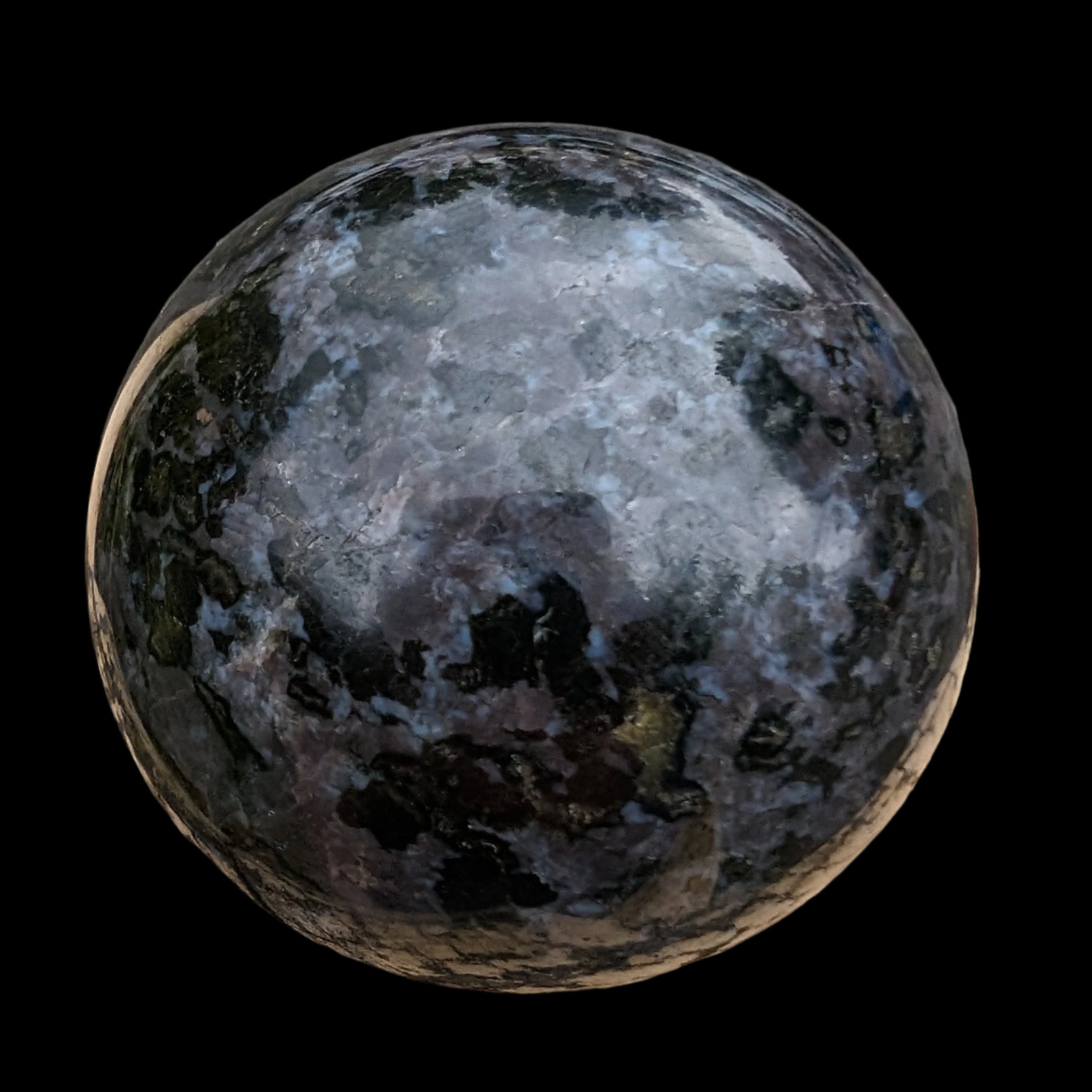 Indigo Gabbro sphere 253g in sunlight - Rocks and Things Store