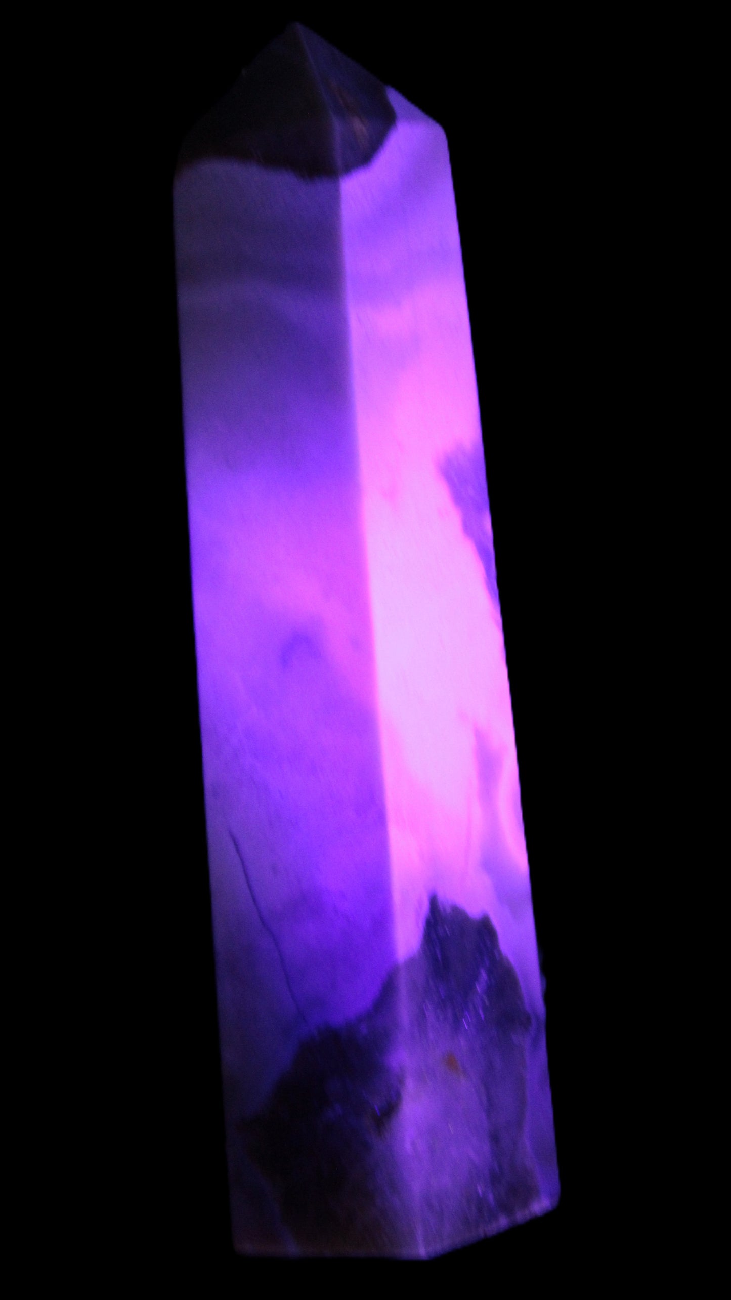 Pink Sakura Agate obelisk 516g in UV light - Rocks and Things Store