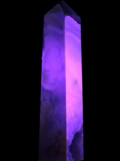 Pink Sakura Agate obelisk 516g in UV light - Rocks and Things Store