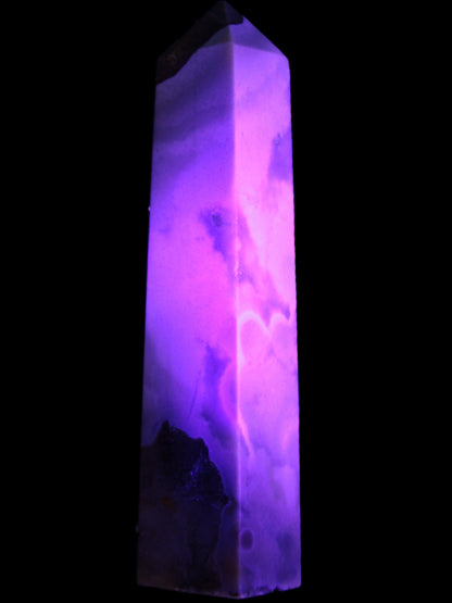 Pink Sakura Agate obelisk 516g in UV light - Rocks and Things Store