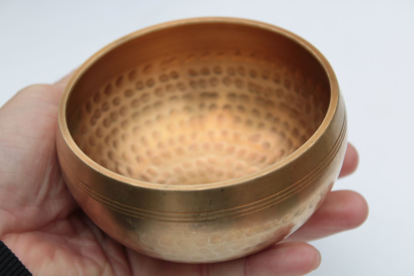 Tibetan hammered Meditation Singing Bowl with mallet and silk mat 100mm 330g Rocks and Things