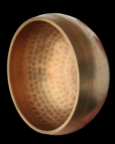 Tibetan hammered Meditation Singing Bowl with mallet and silk mat 100mm 330g in sunlight - Rocks and Things Store