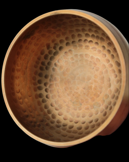 Tibetan hammered Meditation Singing Bowl with mallet and silk mat 100mm 330g in sunlight - Rocks and Things Store