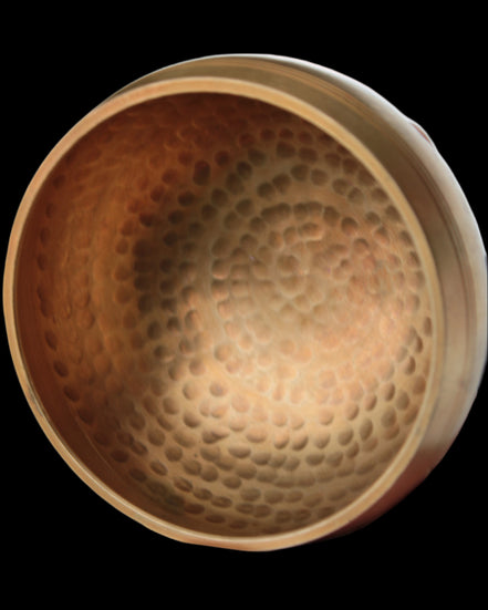 Tibetan hammered Meditation Singing Bowl with mallet and silk mat 100mm 330g in sunlight - Rocks and Things Store