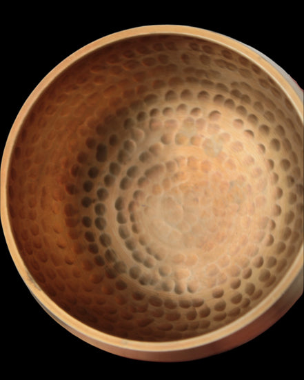 Tibetan hammered Meditation Singing Bowl with mallet and silk mat 100mm 330g in sunlight - Rocks and Things Store