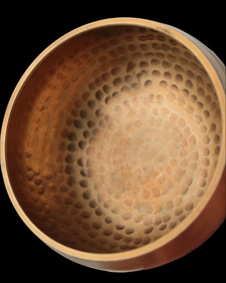 Tibetan hammered Meditation Singing Bowl with mallet and silk mat 100mm 330g in sunlight - Rocks and Things Store