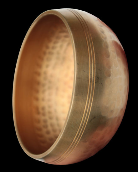 Tibetan hammered Meditation Singing Bowl with mallet and silk mat 100mm 330g in sunlight - Rocks and Things Store