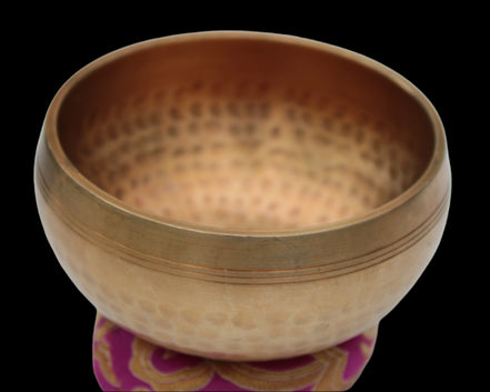 Tibetan hammered Meditation Singing Bowl with mallet and silk mat 100mm 330g in sunlight - Rocks and Things Store