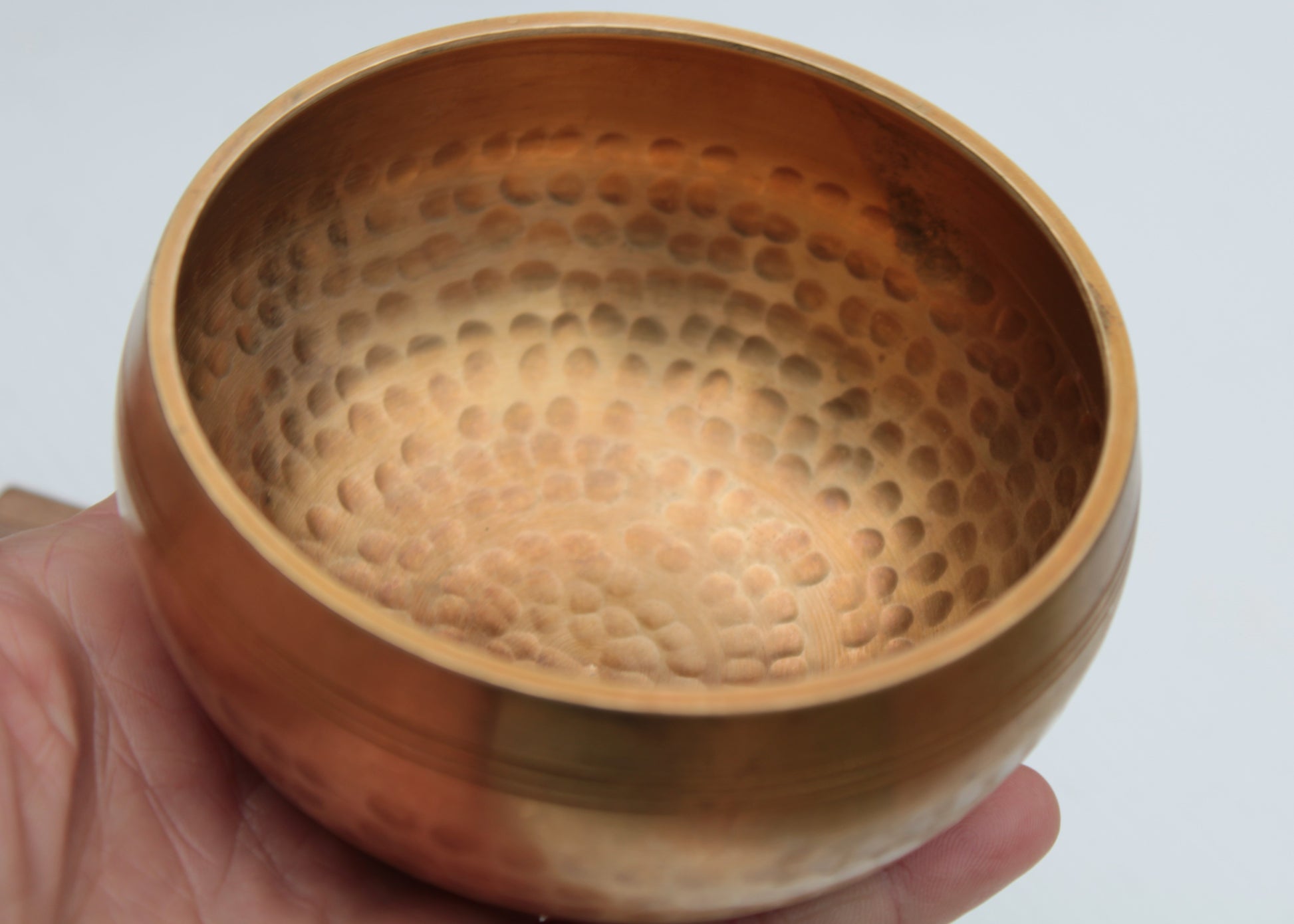 Tibetan hammered Meditation Singing Bowl with mallet and silk mat 100mm 330g Rocks and Things