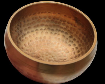 Tibetan hammered Meditation Singing Bowl with mallet and silk mat 100mm 330g in sunlight - Rocks and Things Store