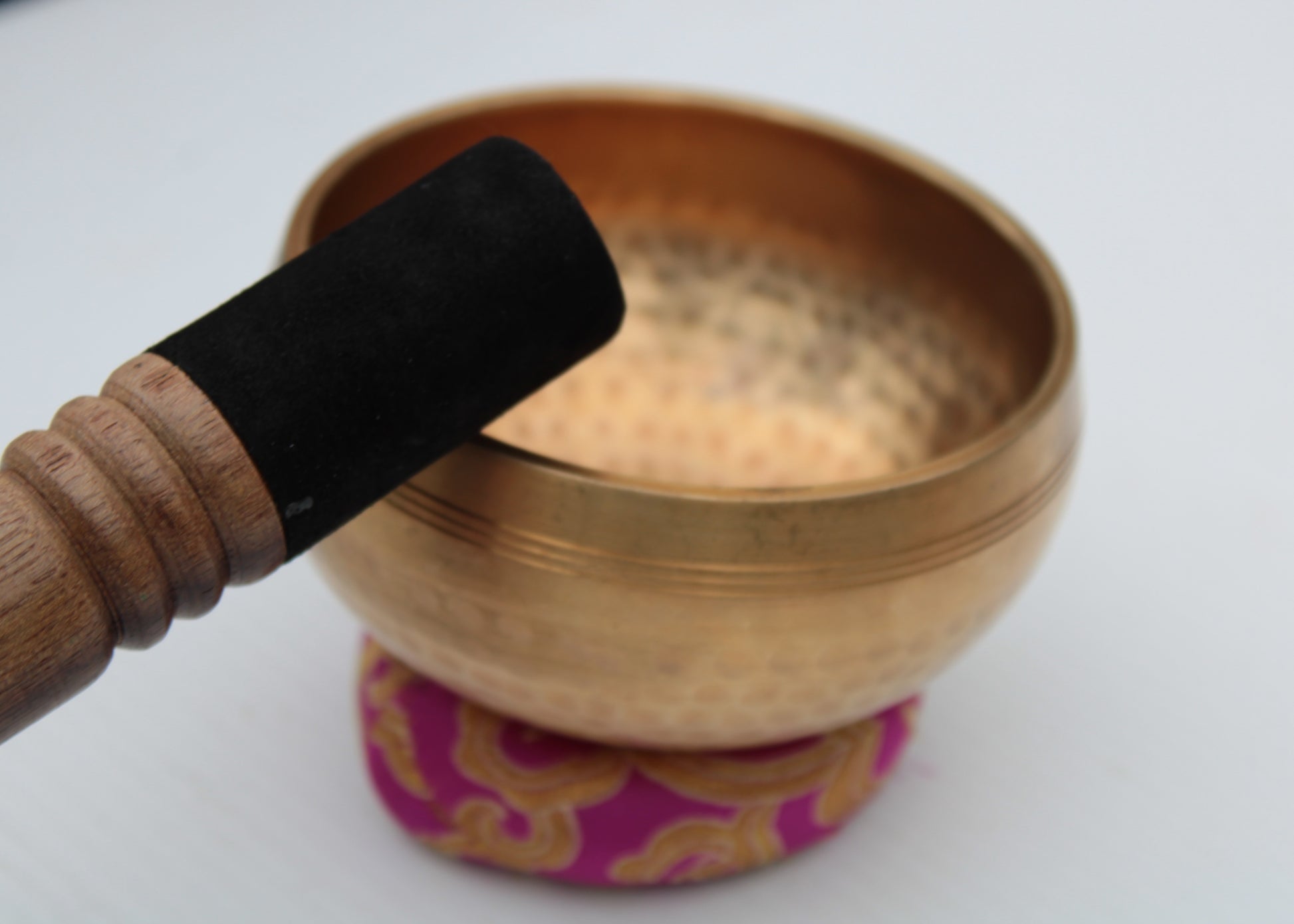 Tibetan hammered Meditation Singing Bowl with mallet and silk mat 100mm 330g Rocks and Things