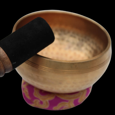 Tibetan hammered Meditation Singing Bowl with mallet and silk mat 100mm 330g in sunlight - Rocks and Things Store