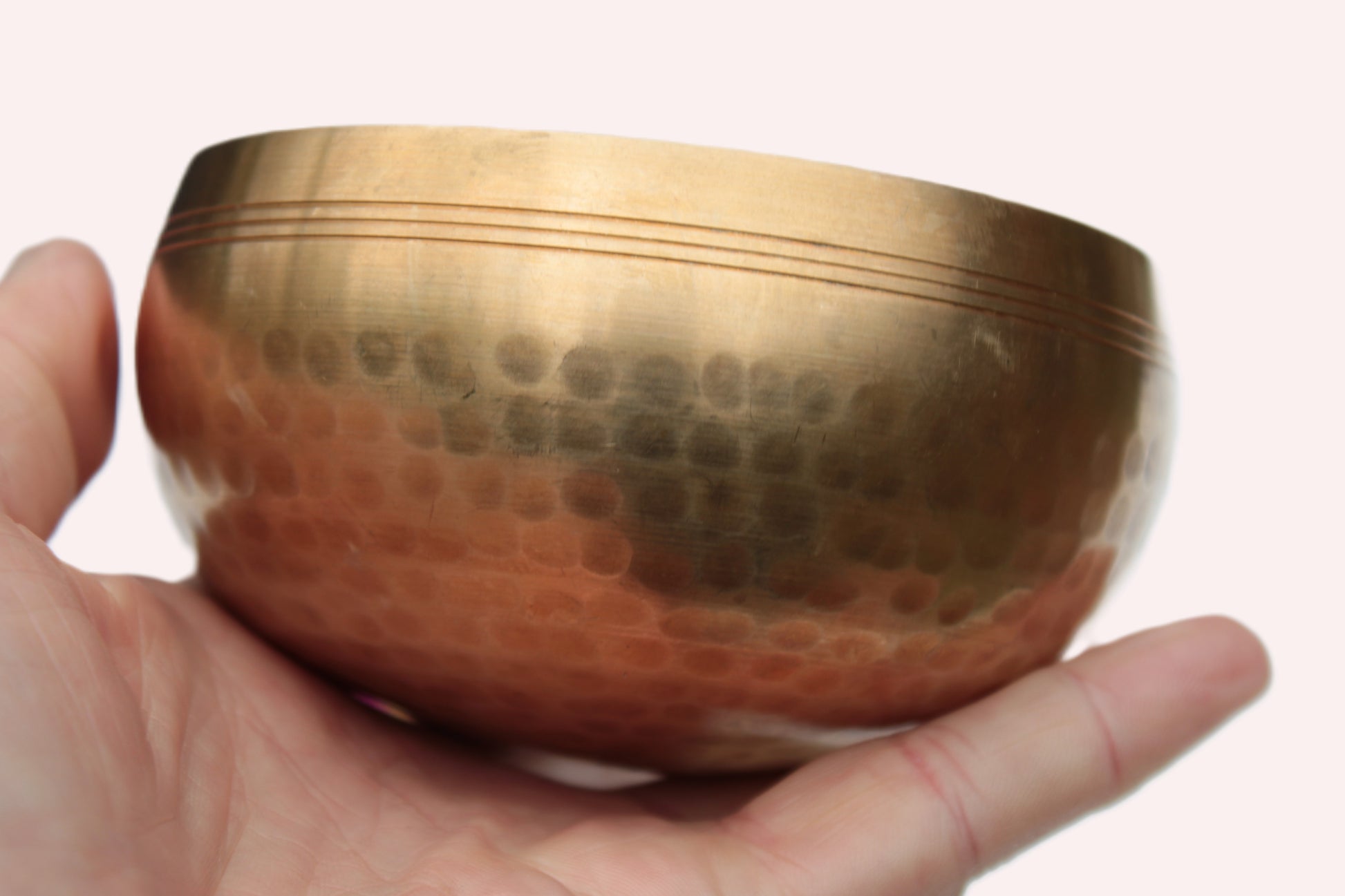 Tibetan hammered Meditation Singing Bowl with mallet and silk mat 100mm 330g Rocks and Things