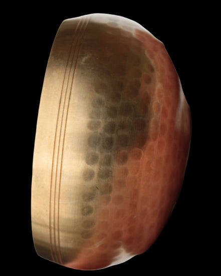 Tibetan hammered Meditation Singing Bowl with mallet and silk mat 100mm 330g in sunlight - Rocks and Things Store