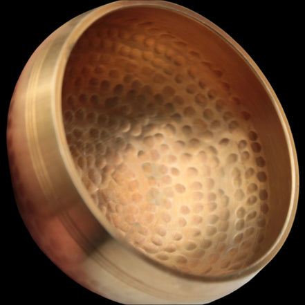 Tibetan hammered Meditation Singing Bowl with mallet and silk mat 100mm 330g in sunlight - Rocks and Things Store