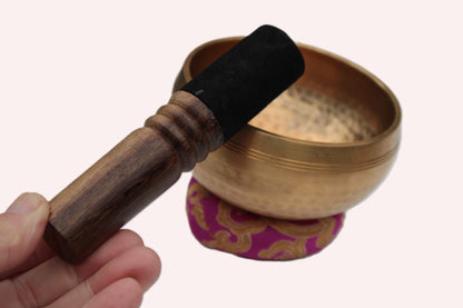 Tibetan hammered Meditation Singing Bowl with mallet and silk mat 100mm 330g Rocks and Things