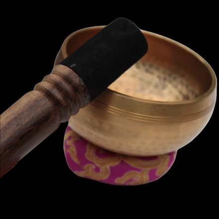 Tibetan hammered Meditation Singing Bowl with mallet and silk mat 100mm 330g in sunlight - Rocks and Things Store