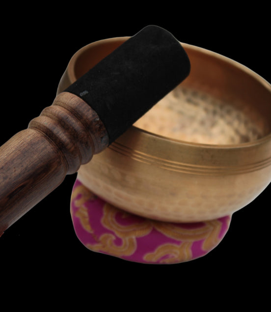 Tibetan hammered Meditation Singing Bowl with mallet and silk mat 100mm 330g in sunlight - Rocks and Things Store