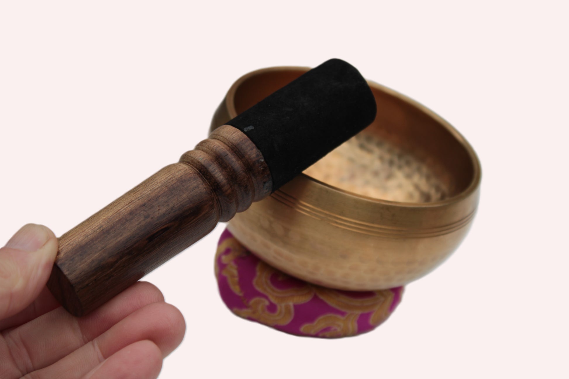 Tibetan hammered Meditation Singing Bowl with mallet and silk mat 100mm 330g Rocks and Things