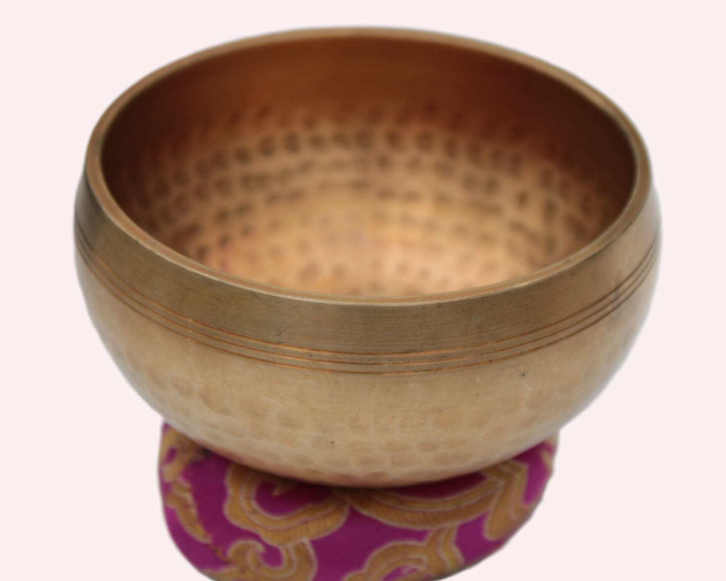 Tibetan hammered Meditation Singing Bowl with mallet and silk mat 100mm 330g Rocks and Things