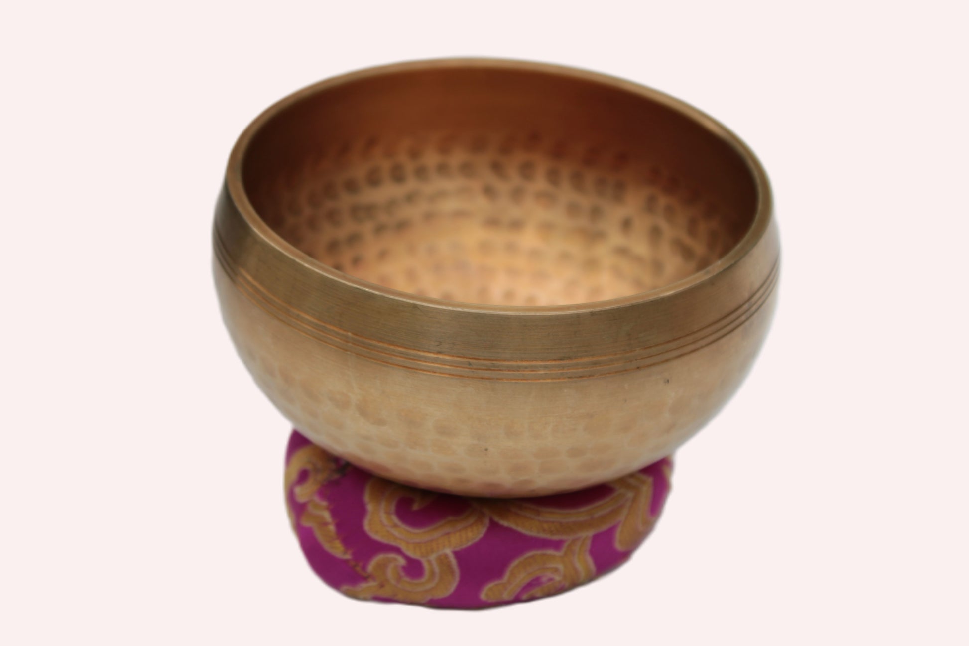 Tibetan hammered Meditation Singing Bowl with mallet and silk mat 100mm 330g Rocks and Things