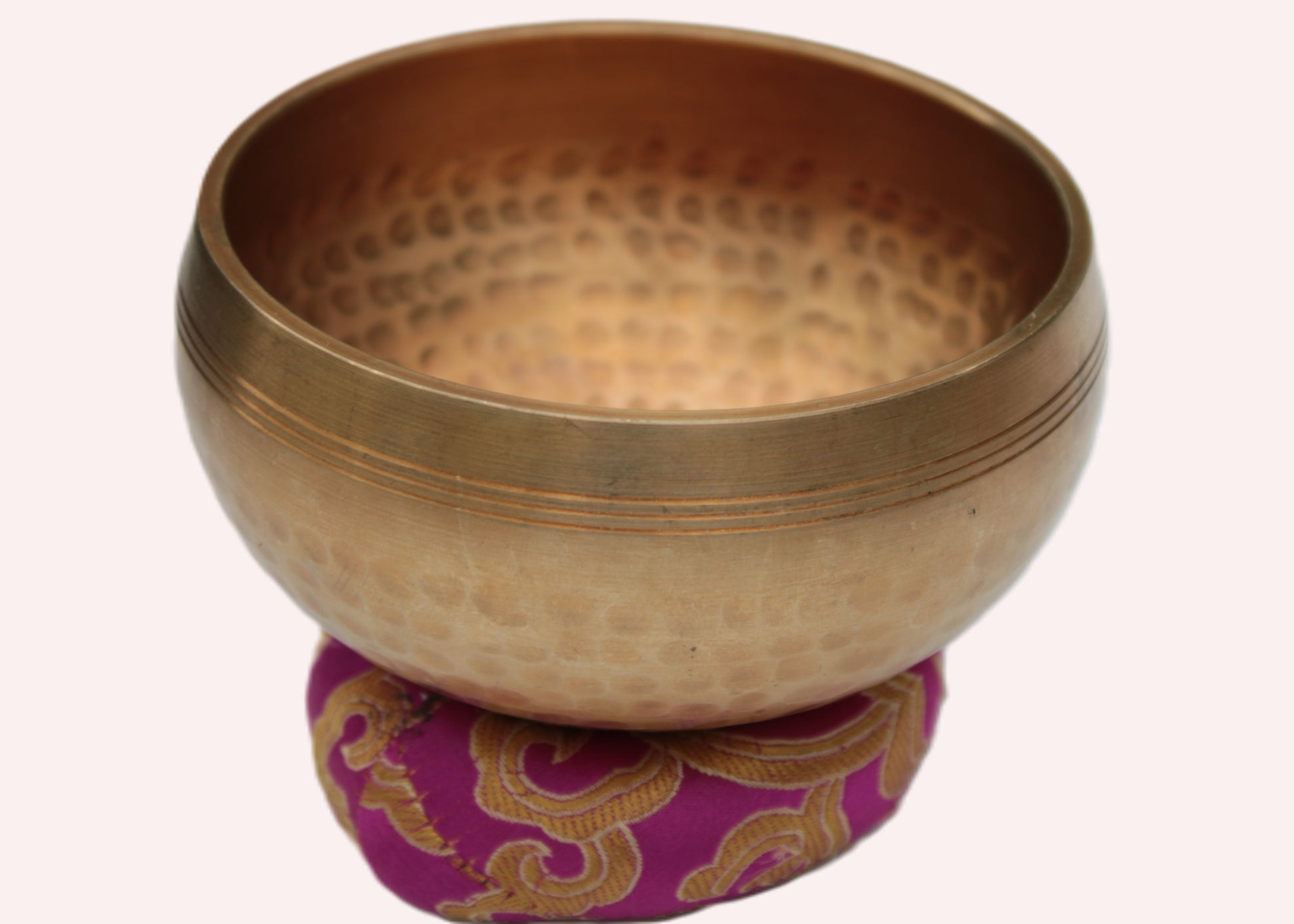 Tibetan hammered Meditation Singing Bowl with mallet and silk mat 100mm 330g Rocks and Things