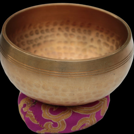 Tibetan hammered Meditation Singing Bowl with mallet and silk mat 100mm 330g in sunlight - Rocks and Things Store