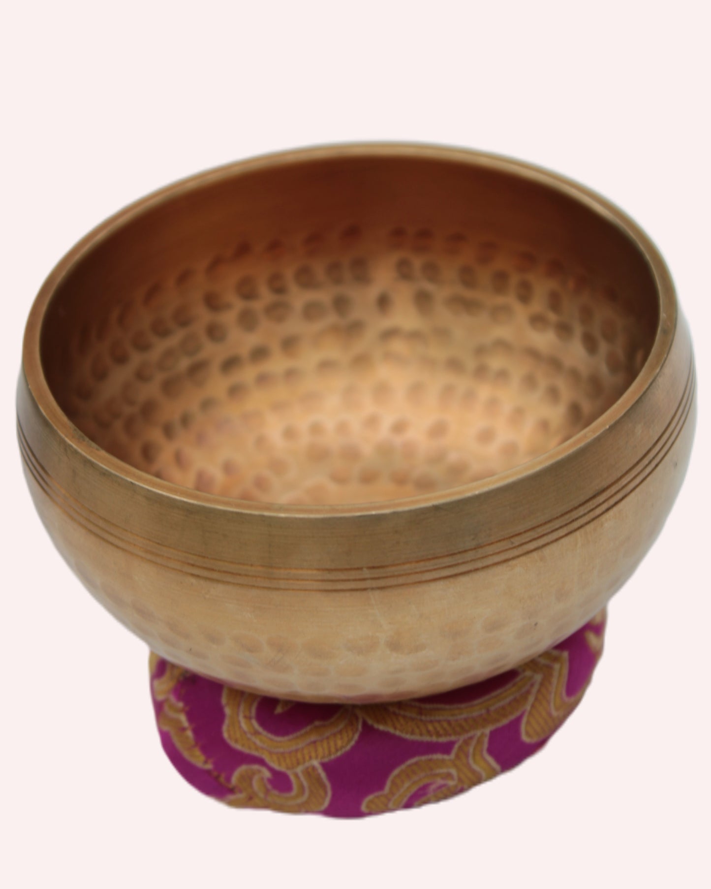 Tibetan hammered Meditation Singing Bowl with mallet and silk mat 100mm 330g Rocks and Things