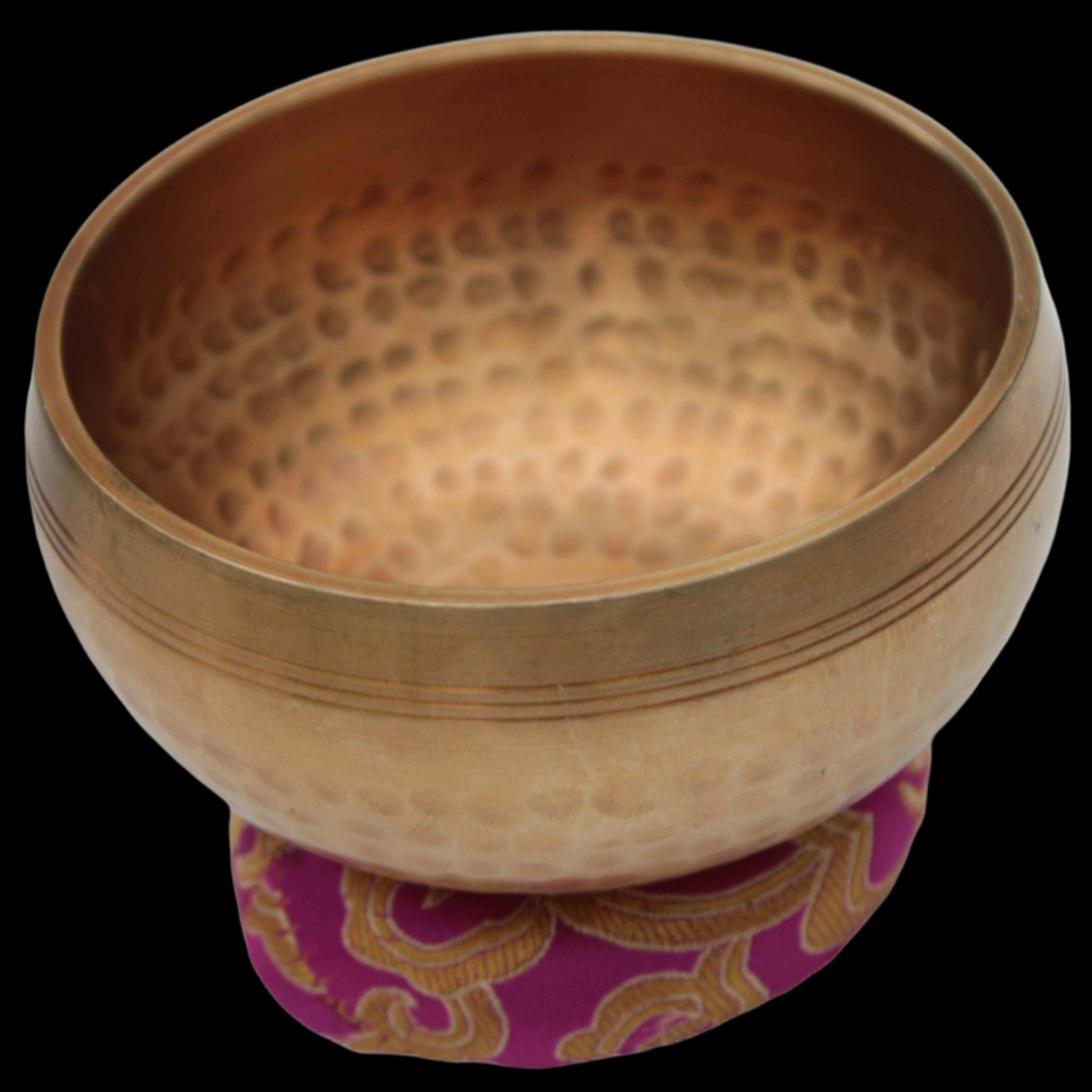 Tibetan hammered Meditation Singing Bowl with mallet and silk mat 100mm 330g in sunlight - Rocks and Things Store