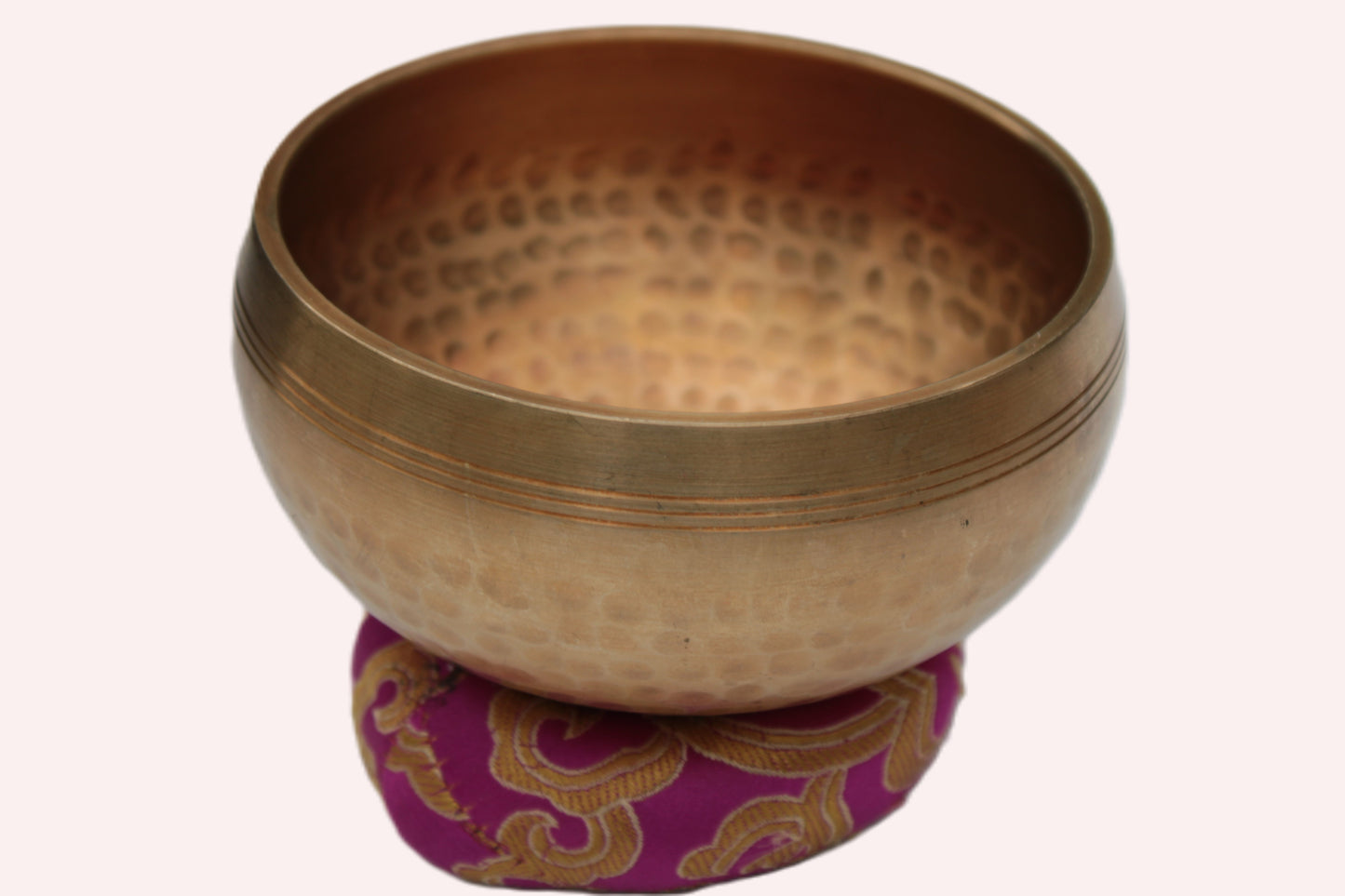 Tibetan hammered Meditation Singing Bowl with mallet and silk mat 100mm 330g Rocks and Things