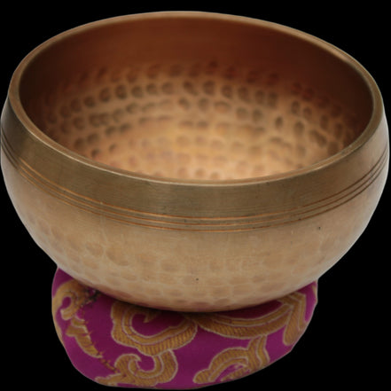 Tibetan hammered Meditation Singing Bowl with mallet and silk mat 100mm 330g in sunlight - Rocks and Things Store