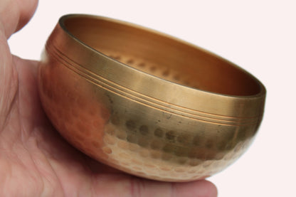 Tibetan hammered Meditation Singing Bowl with mallet and silk mat 100mm 330g Rocks and Things