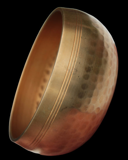 Tibetan hammered Meditation Singing Bowl with mallet and silk mat 100mm 330g in sunlight - Rocks and Things Store