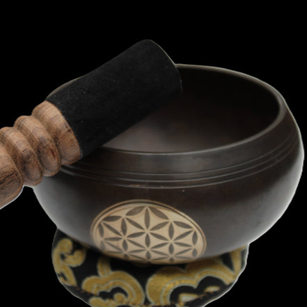 Tibetan cast Meditation Singing Bowl with mallet and silk mat 100mm 418g in sunlight - Rocks and Things Store