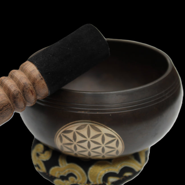 Tibetan cast Meditation Singing Bowl with mallet and silk mat 100mm 418g in sunlight - Rocks and Things Store