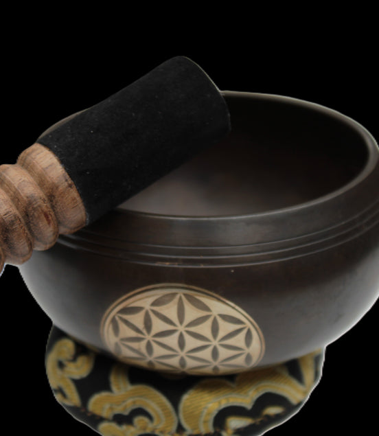 Tibetan cast Meditation Singing Bowl with mallet and silk mat 100mm 418g in sunlight - Rocks and Things Store