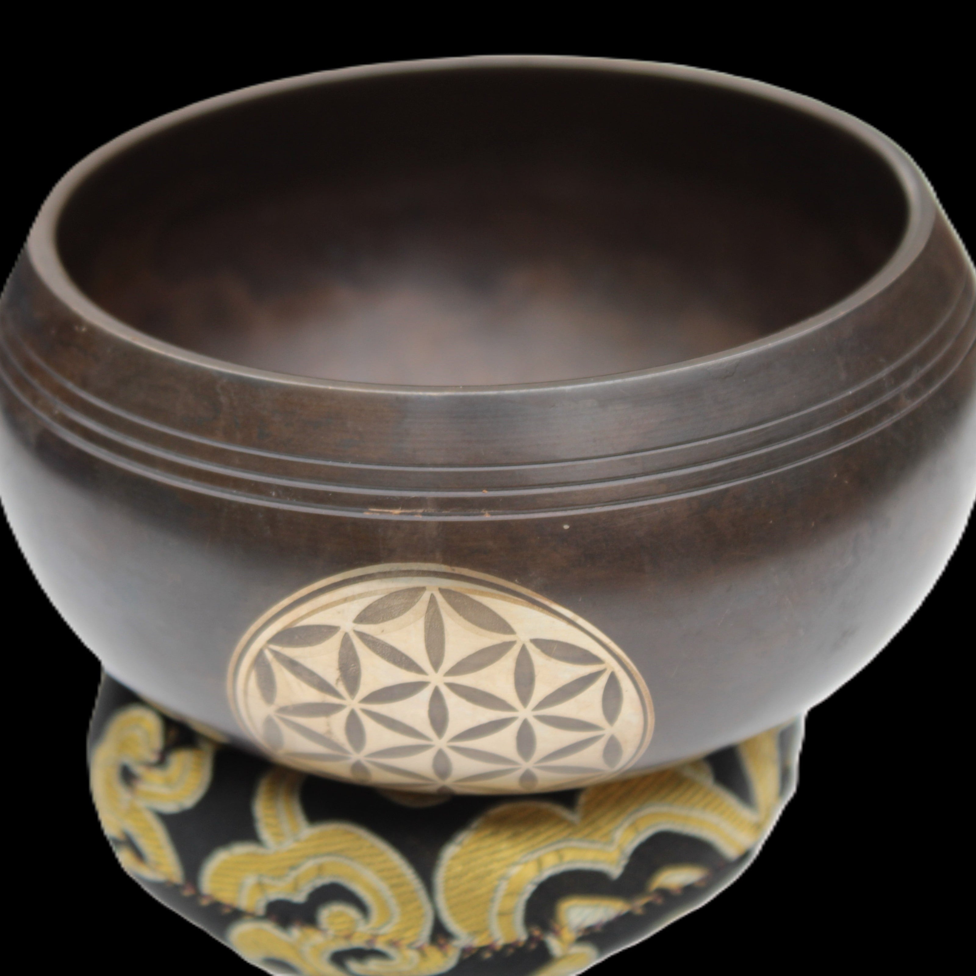 Tibetan cast Meditation Singing Bowl with mallet and silk mat 100mm 418g in sunlight - Rocks and Things Store