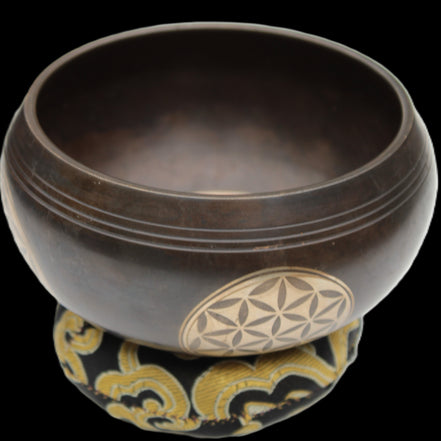 Tibetan cast Meditation Singing Bowl with mallet and silk mat 100mm 418g in sunlight - Rocks and Things Store