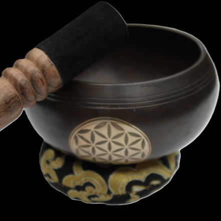 Tibetan cast Meditation Singing Bowl with mallet and silk mat 100mm 418g in sunlight - Rocks and Things Store