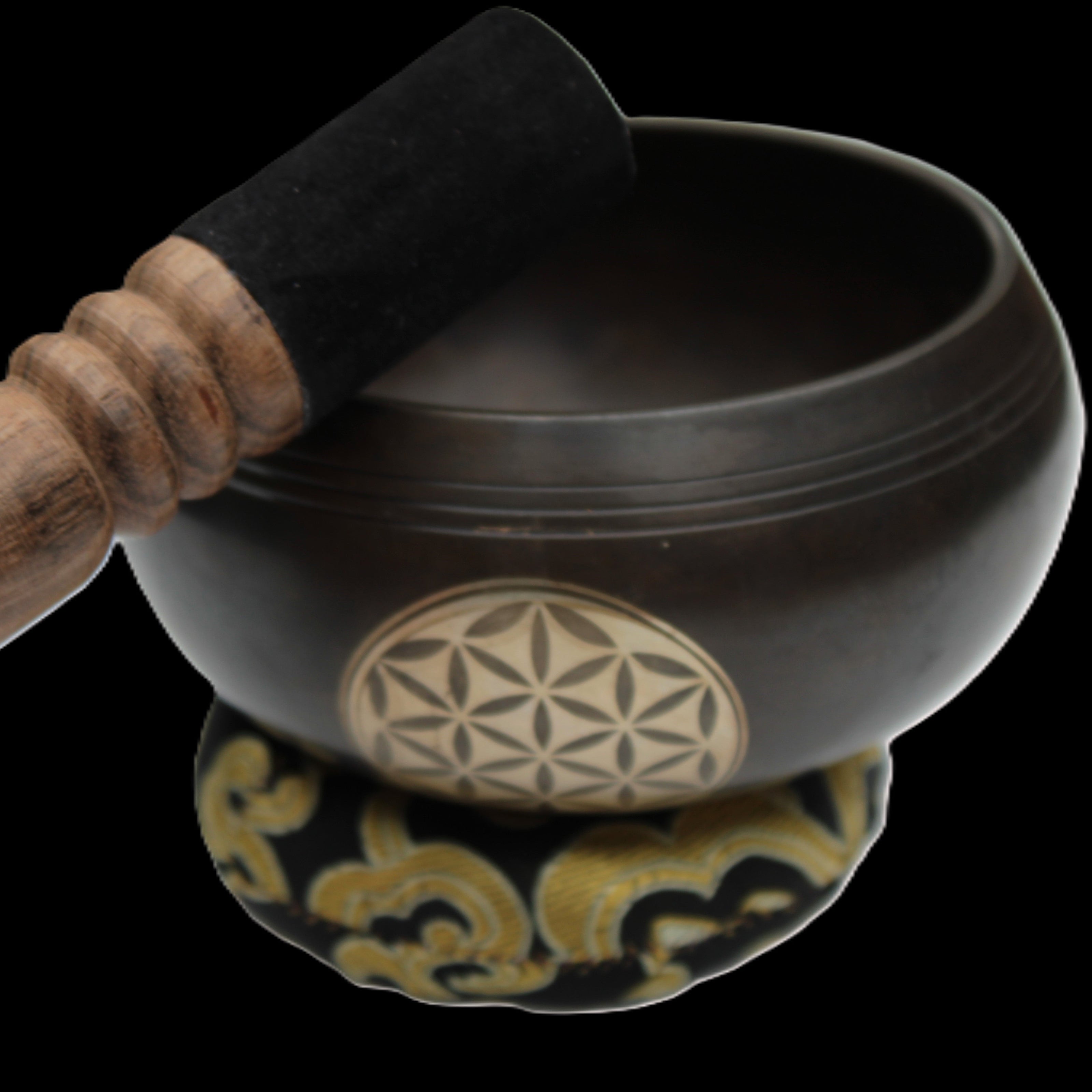 Tibetan cast Meditation Singing Bowl with mallet and silk mat 100mm 418g in sunlight - Rocks and Things Store