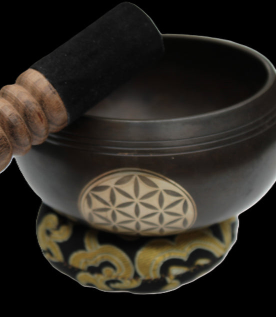 Tibetan cast Meditation Singing Bowl with mallet and silk mat 100mm 418g in sunlight - Rocks and Things Store