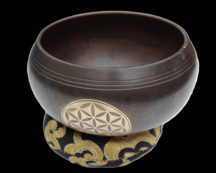 Tibetan cast Meditation Singing Bowl with mallet and silk mat 100mm 418g in sunlight - Rocks and Things Store