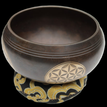 Tibetan cast Meditation Singing Bowl with mallet and silk mat 100mm 418g in sunlight - Rocks and Things Store