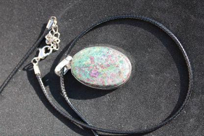 Ruby Fuchsite 925 Silver Plated pendant with black strap 14.9g Rocks and Things