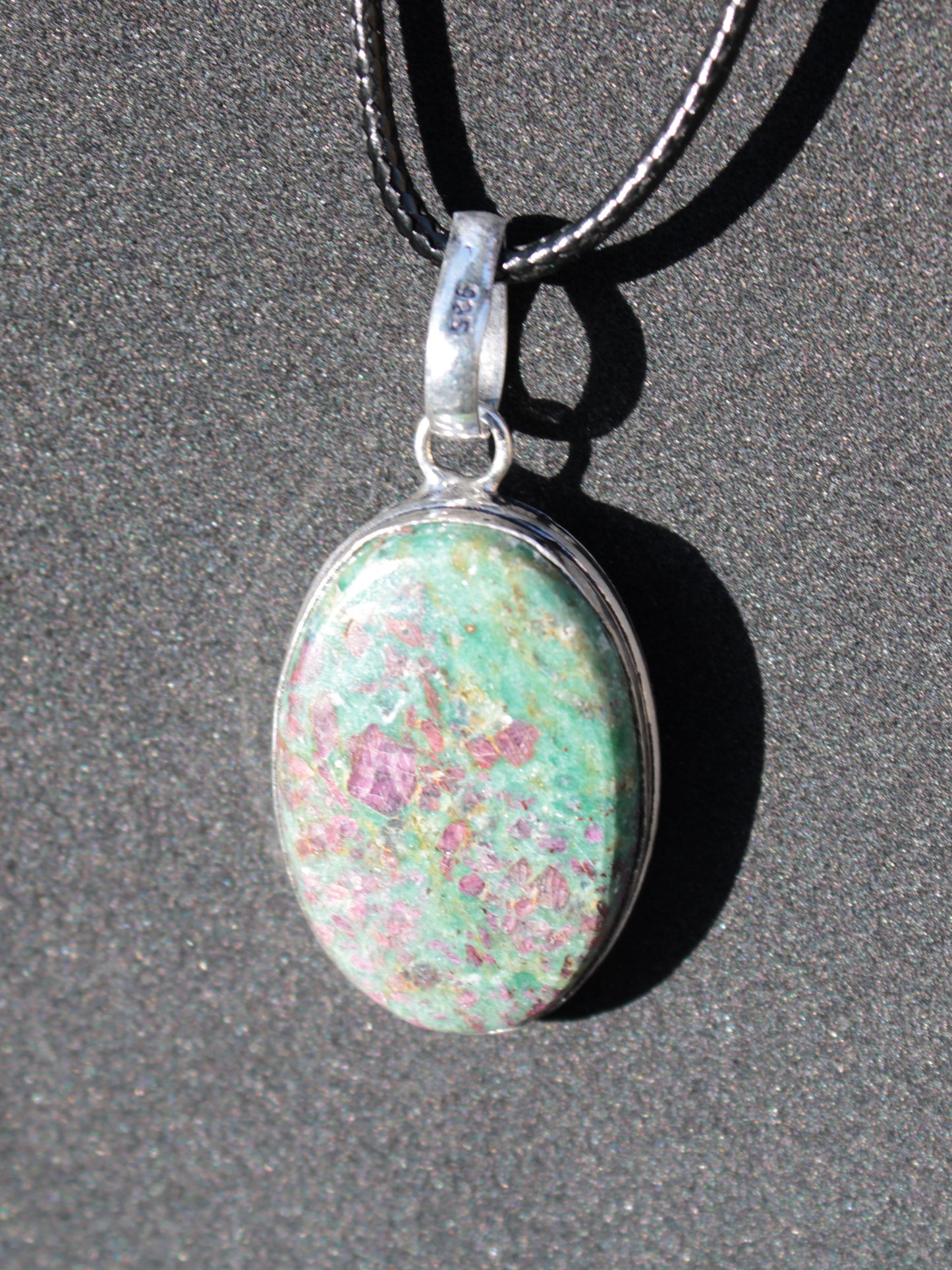 Ruby Fuchsite 925 Silver Plated pendant with black strap 14.9g Rocks and Things