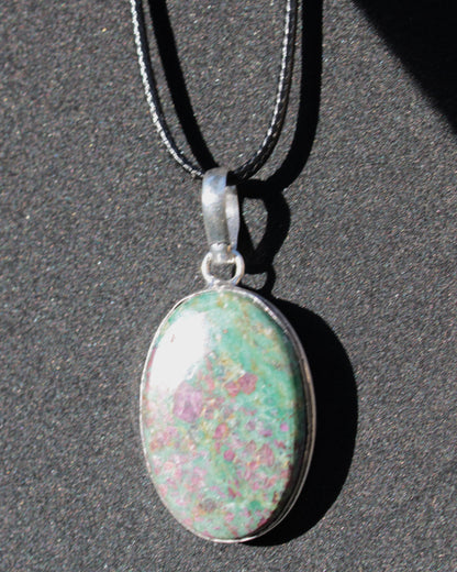 Ruby Fuchsite 925 Silver Plated pendant with black strap 14.9g Rocks and Things